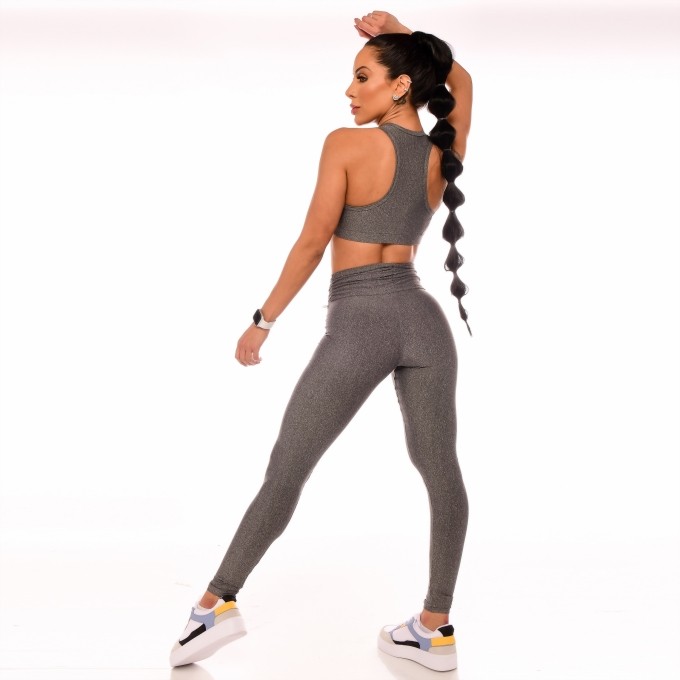 Calça Legging Fitness Cintura Alta Cós Franzido Cinza