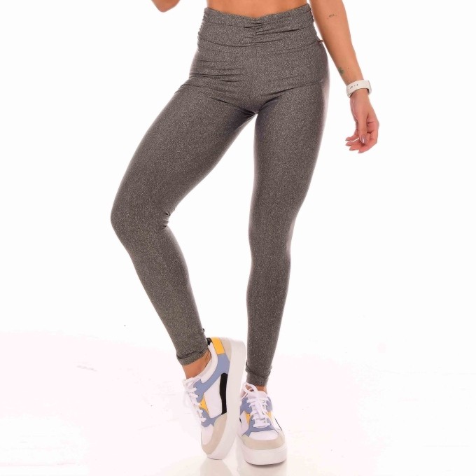 Calça Legging Fitness Cintura Alta Cós Franzido Cinza