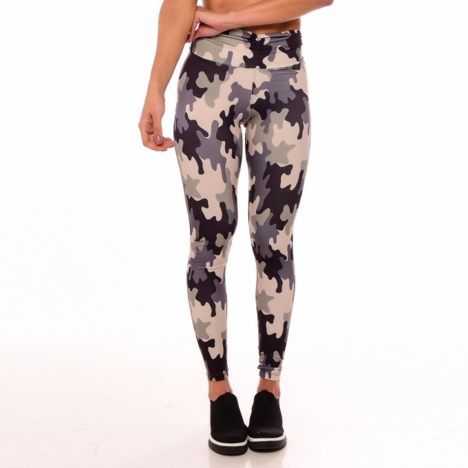 Calça Legging Fitness Cintura Alta Cós Franzido Camuflado