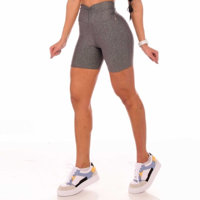 Shorts Fitness Cintura Alta Cós Franzido Cinza