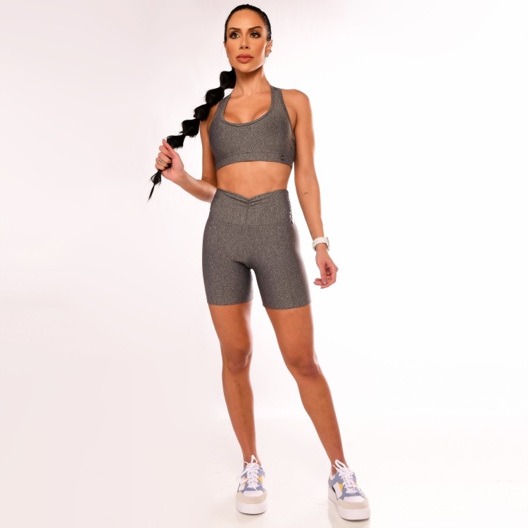 Shorts Fitness Cintura Alta Cós Franzido Cinza