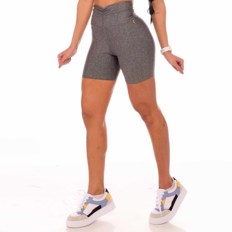 Shorts Fitness Cintura Alta Cós Franzido Cinza
