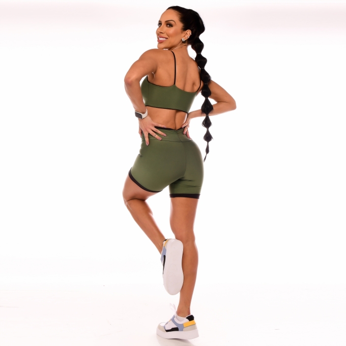 Top Fitness Feminino Dupla Face Verde Militar e Preto