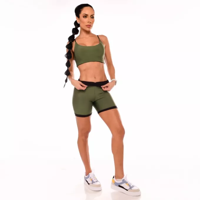 Top Fitness Feminino Dupla Face Verde Militar e Preto