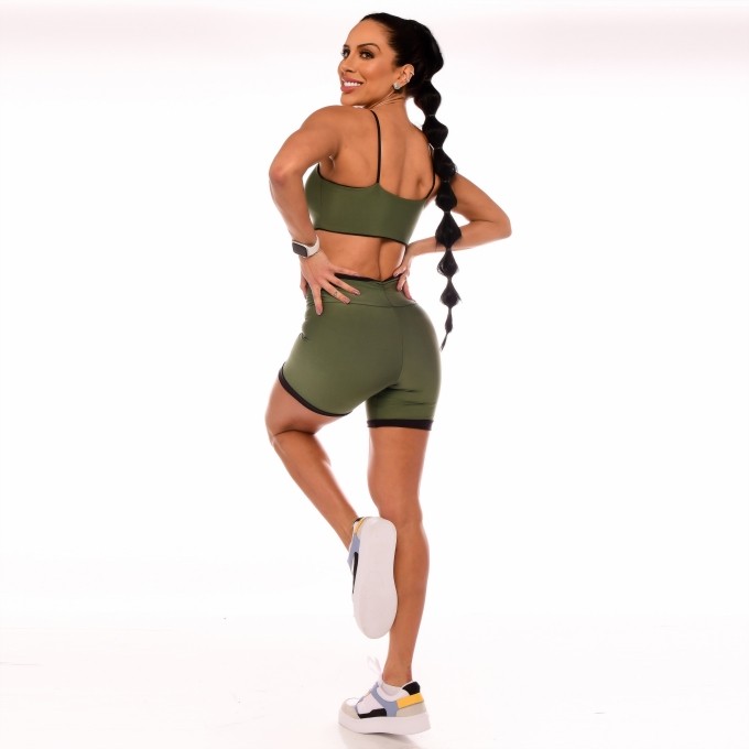 Top Fitness Feminino Dupla Face Verde Militar e Preto