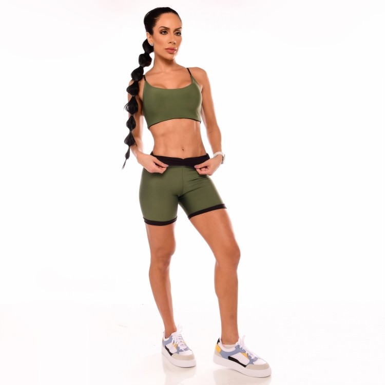 Top Fitness Feminino Dupla Face Verde Militar e Preto