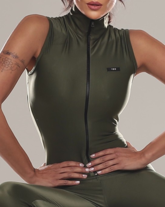 Macacão Fitness Frente Única Verde Militar Zíper Frontal Gola Alta