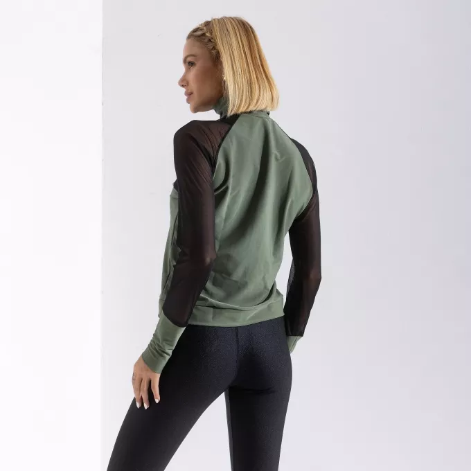 Jaqueta Fitness Feminina Corta Vento Manga Tule Verde