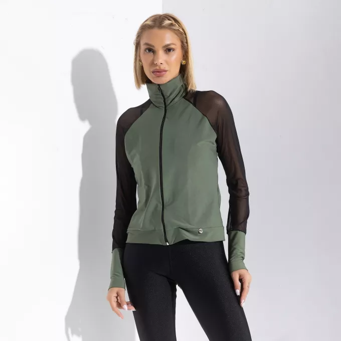 Jaqueta Fitness Feminina Corta Vento Manga Tule Verde