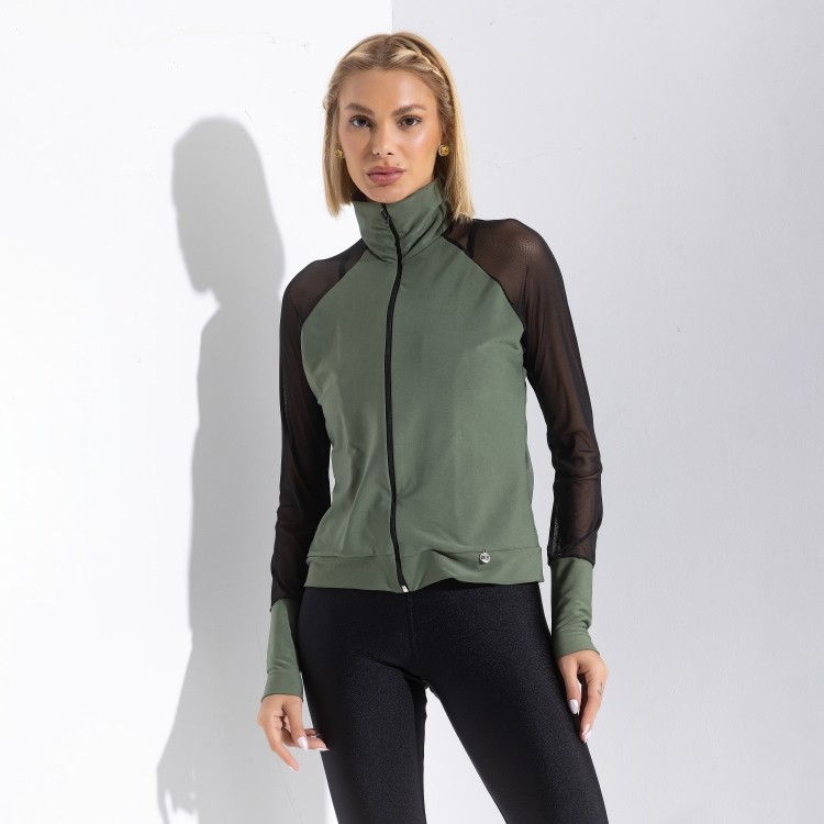 Jaqueta Fitness Feminina Corta Vento Manga Tule Verde