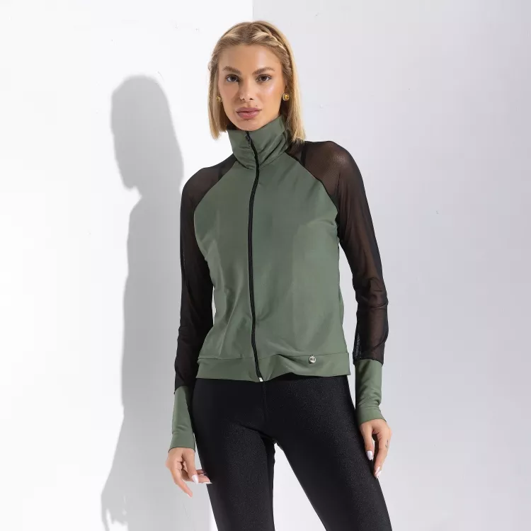 Jaqueta Fitness Feminina Corta Vento Manga Tule Verde