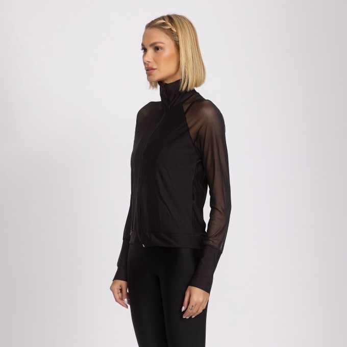 Jaqueta Fitness Feminina Corta Vento Manga Tule Preto