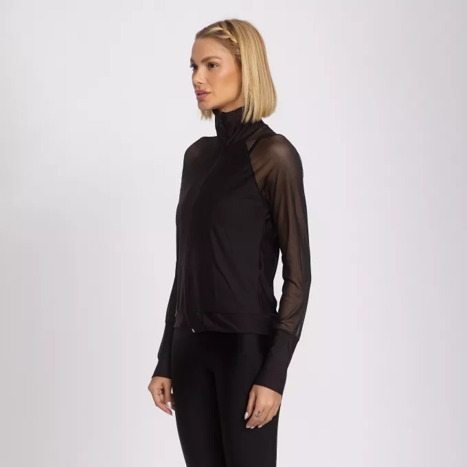 Jaqueta Fitness Feminina Corta Vento Manga Tule Preto