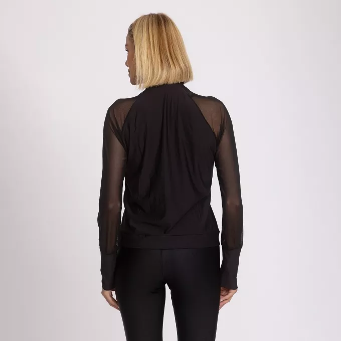 Jaqueta Fitness Feminina Corta Vento Manga Tule Preto