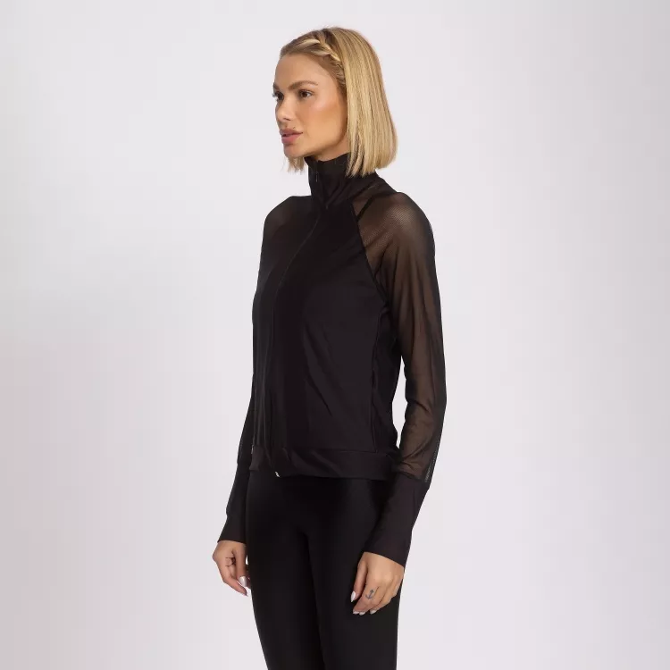 Jaqueta Fitness Feminina Corta Vento Manga Tule Preto