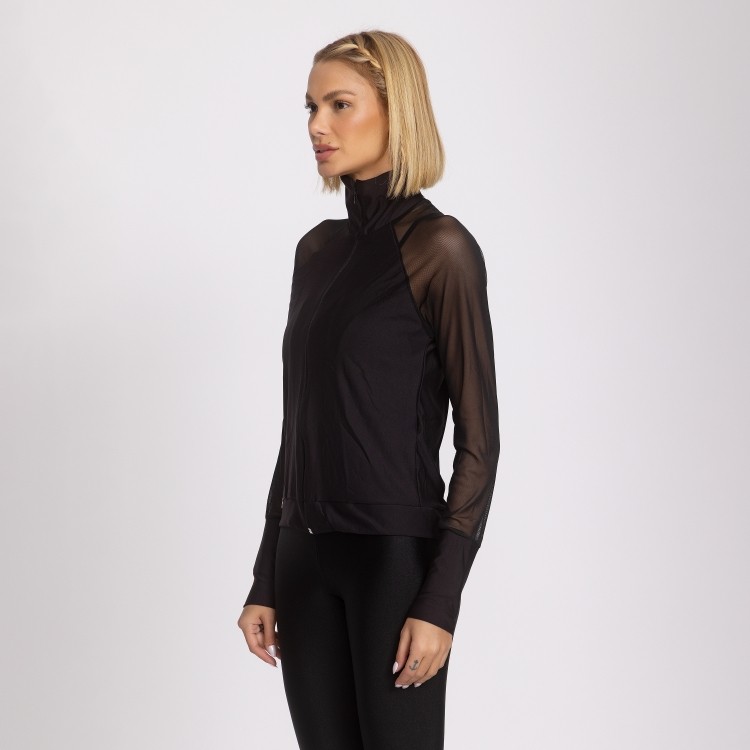Jaqueta Fitness Feminina Corta Vento Manga Tule Preto
