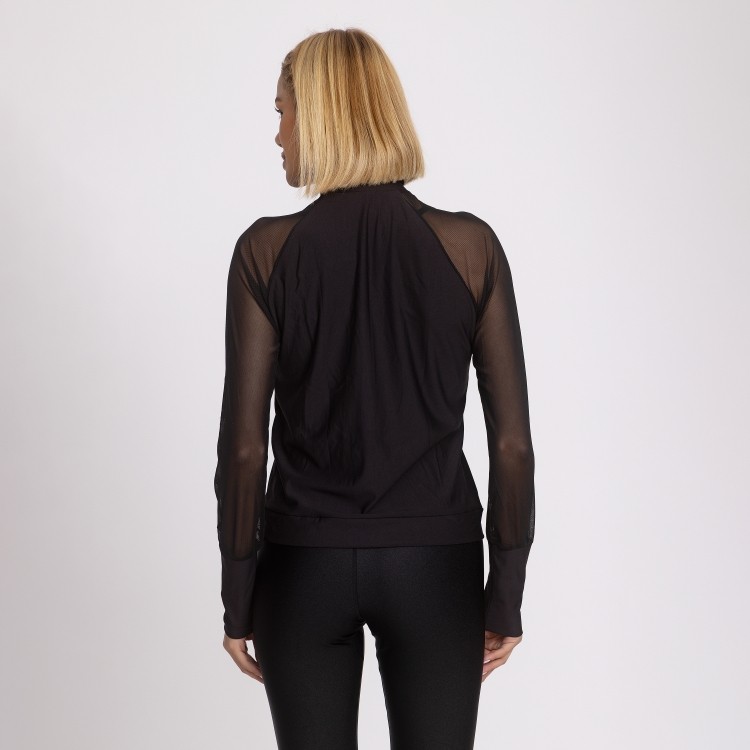 Jaqueta Fitness Feminina Corta Vento Manga Tule Preto