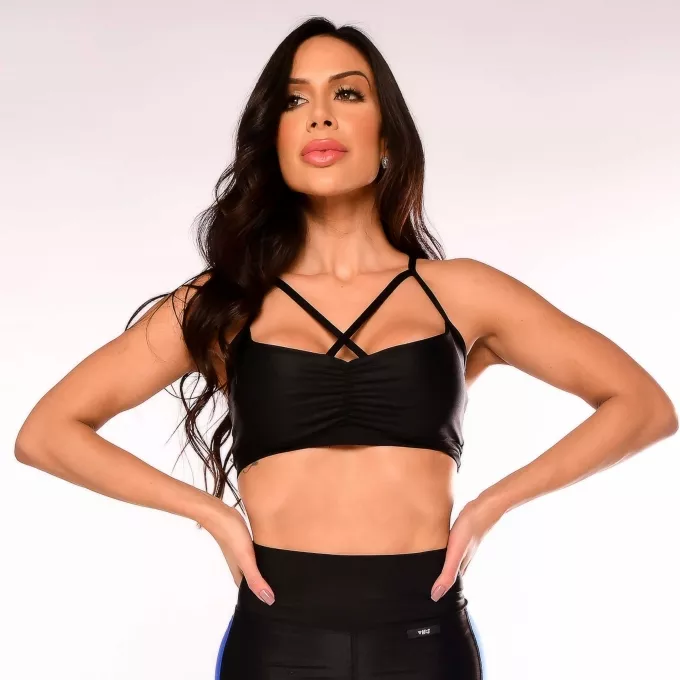 Top Fitness Feminino Tiras Frontais Preto
