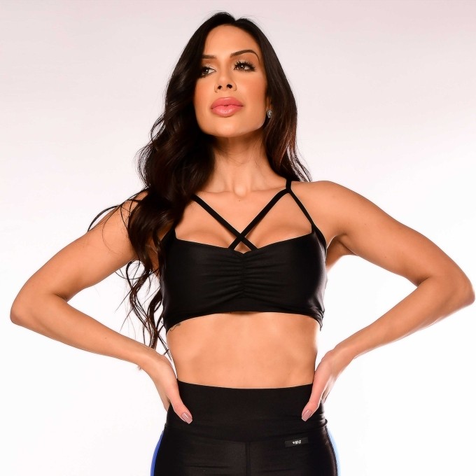 Top Fitness Feminino Tiras Frontais Preto