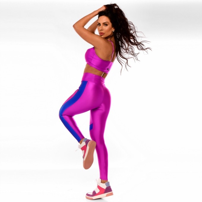 Calça Legging Fitness Gloss Faixa Lateral Rosa E Azul